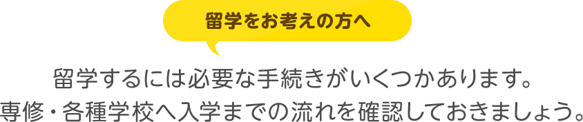 留学するには必要な手続きがいくつかあります。専修・各種学校へ入学までの流れを確認しておきましょう。